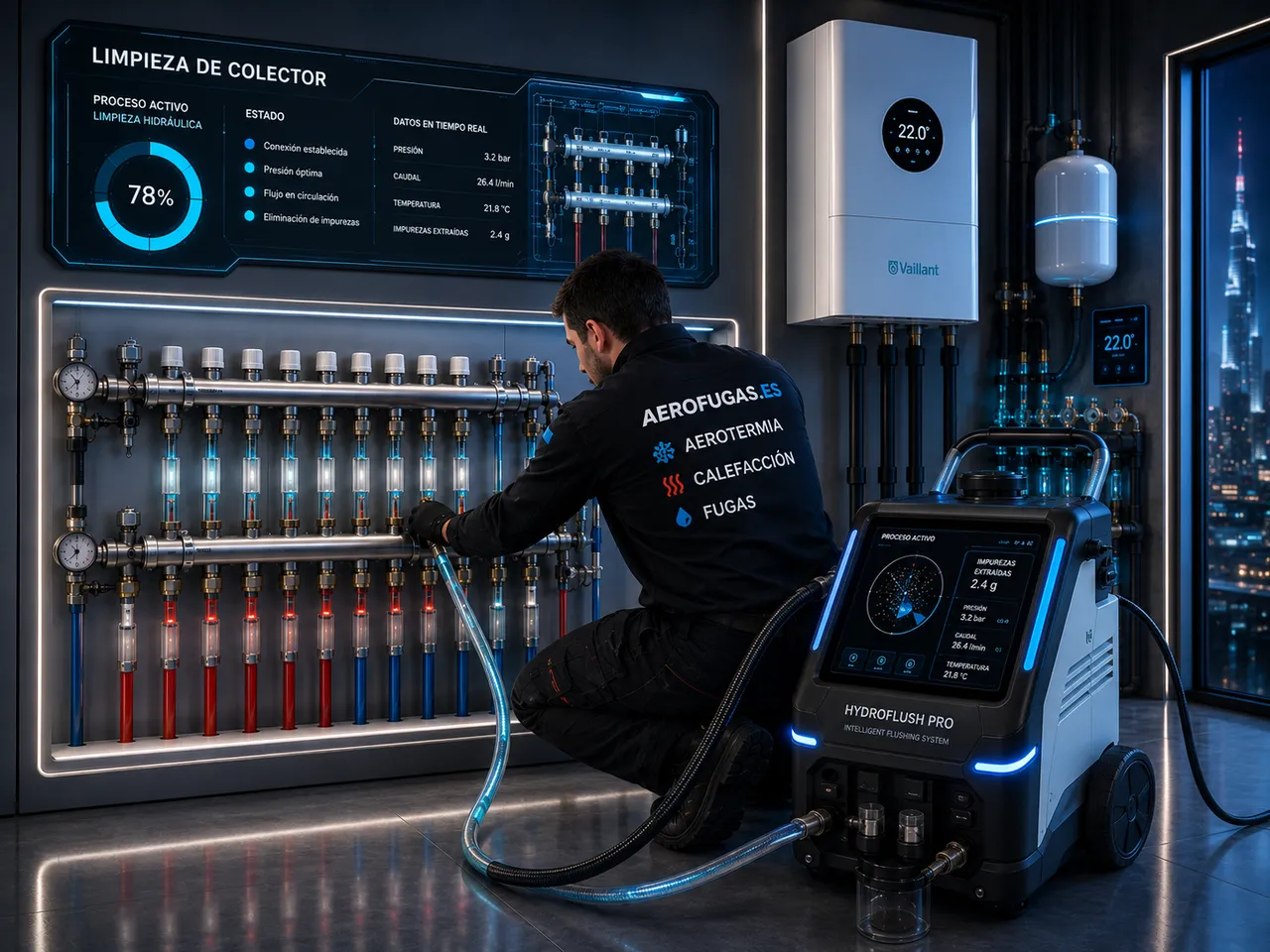 Técnico de Aerofugas realizando limpieza hidráulica del colector de calefacción