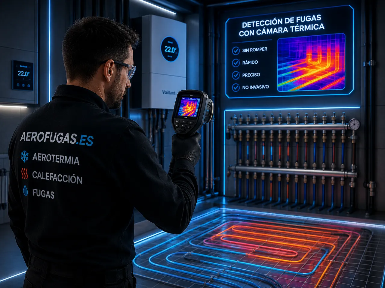 Técnico de Aerofugas localizando una avería con cámara termográfica: colector de suelo radiante y circuito visible en colores térmicos
