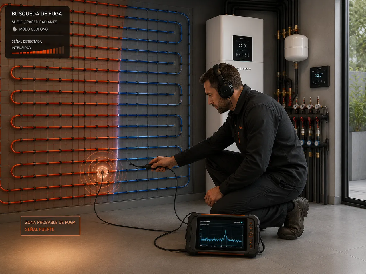 Técnico de Aerofugas localizando una fuga con geófono y auriculares sobre pared radiante